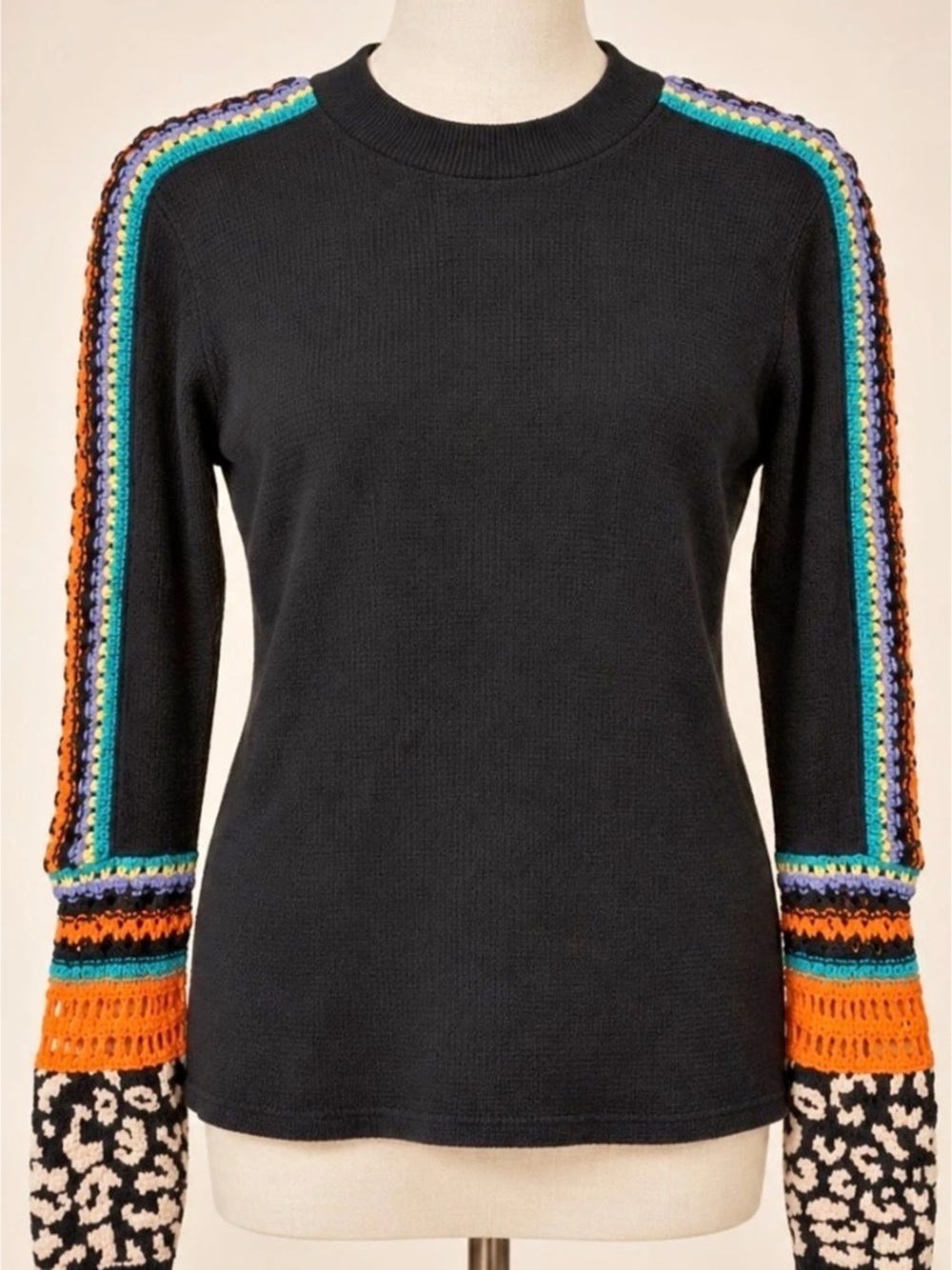 Free People Switch It Up Thermal Top | Black Crochet Sleeves | XL